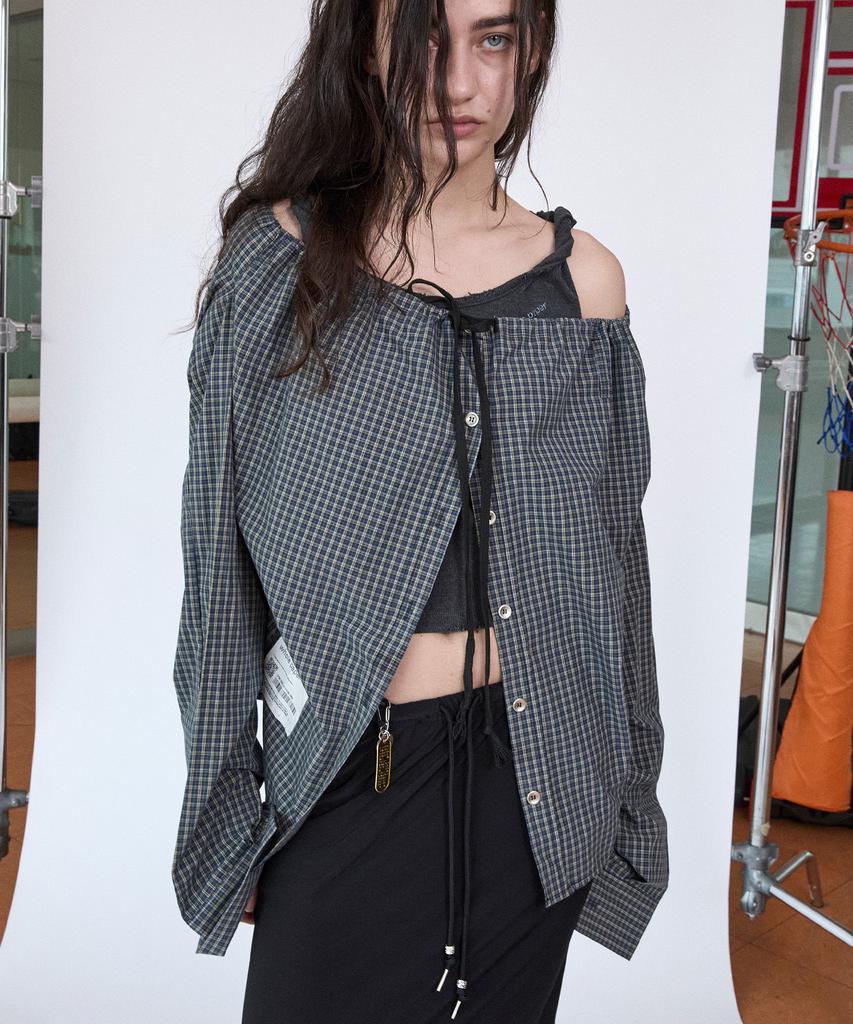 Holpeipeo Check Three-Way Shirt Skirt (Deep Green)