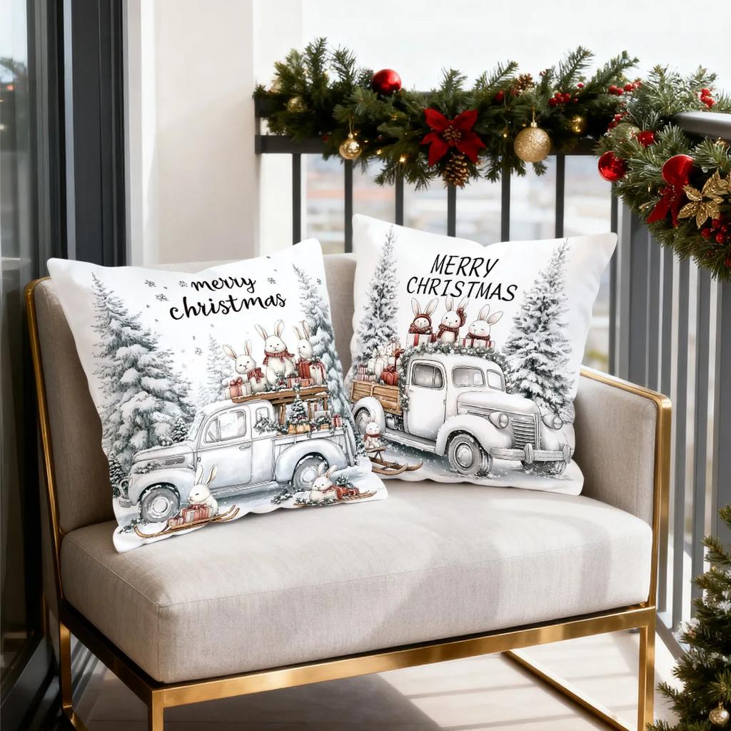 Christmas bunny gift delivery team Cushions Pillowcase Polyester Cushion Cover Throw Pillow Pillowcover Home Car Sofa Decor