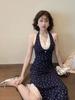 Korean Lace Splicing Floral Suspender Dress for Women's New Small Man Pinching Waist and Looking Thin Hanging Neck Long Skirt