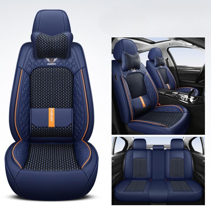 Full Set 5-Seat Car Seat Covers with Built-in Lumbar Support & 2 Headrests –Nappa Leather & Ice Silk Stitched Universal Fit