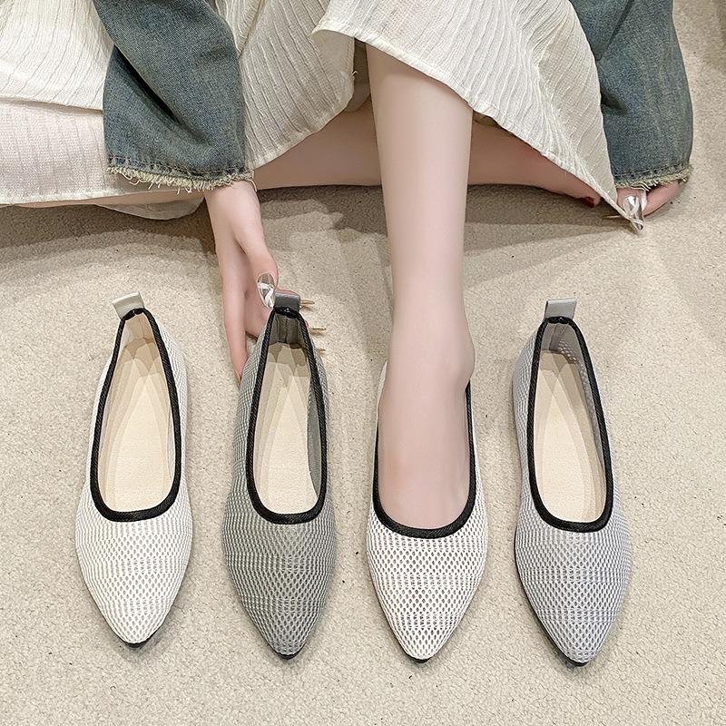 Flying woven pointed single shoes women's autumn corrugated large size breathable flat-soled beanie shoes one pedal lazy shoes