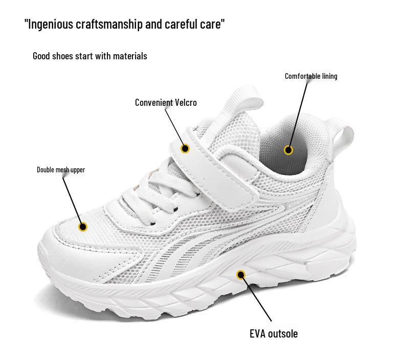 Kids' White Breathable Mesh Sneakers - Lightweight, Non-Slip Casual Running Shoes for Elementary Students
