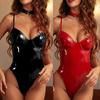 Women's Sexy Lingerie Tight Zip Leather Bodysuit Set With Collar