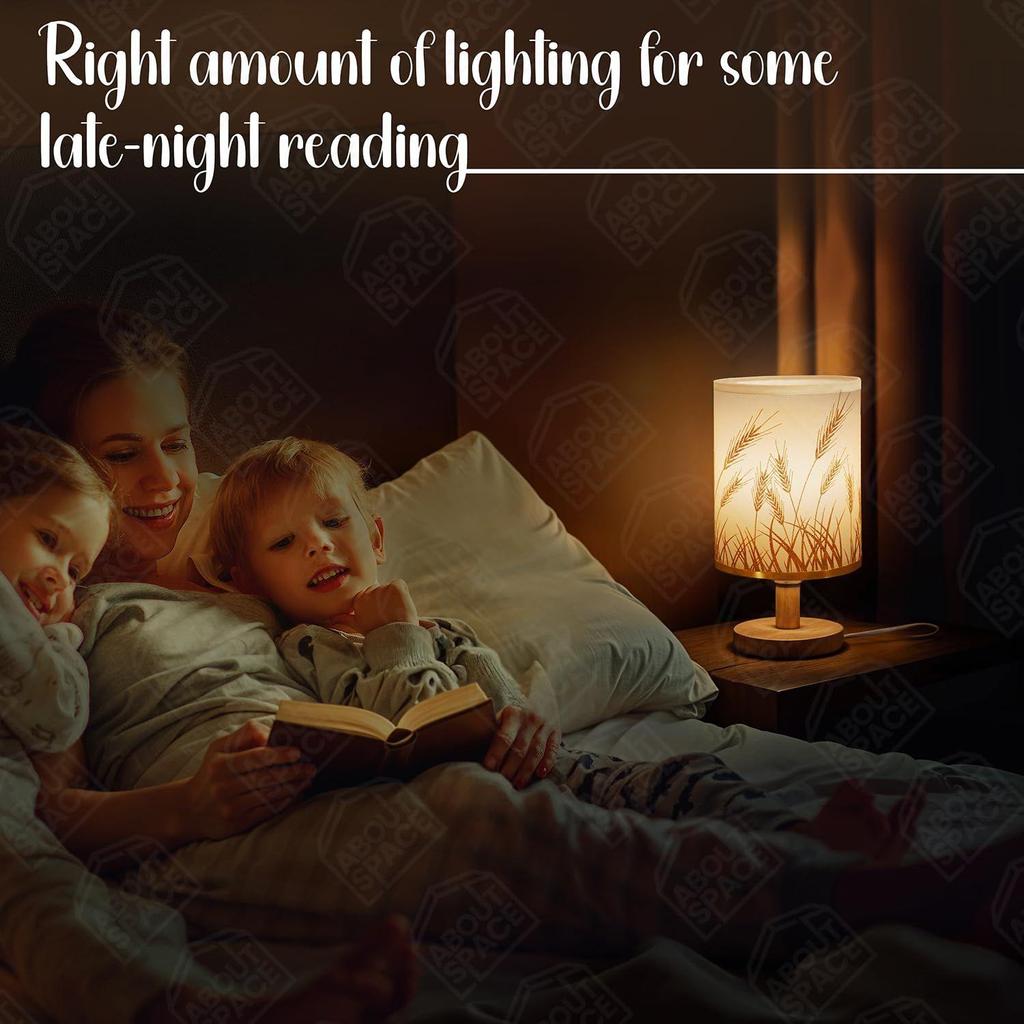 Noční lampička - Stolní lampička na čtení k posteli s dřevěnou základnou s motivem pšenice na noc, do ložnice, obývacího pokoje, domov a dekorace