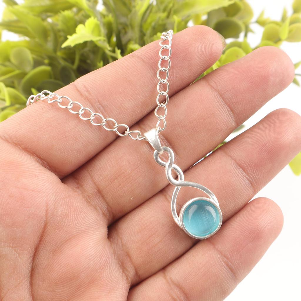 Blue Cat's Eye Gemstone Pendant, 925 Sterling Silver Pendant Jewelry, Handmade Jewelry Pendant, Balancing Jewelry Gift For Women