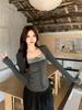 Original Stripe Fabric: Gray Fake Two-Piece Square Neck Long-Sleeve T-Shirt, Slim-Fit for Autumn/Winter