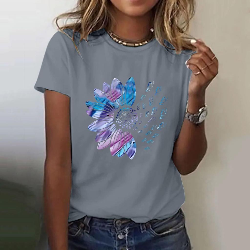 Women's Casual Floral Print Short Sleeved T-shirt With Round Neck  Top