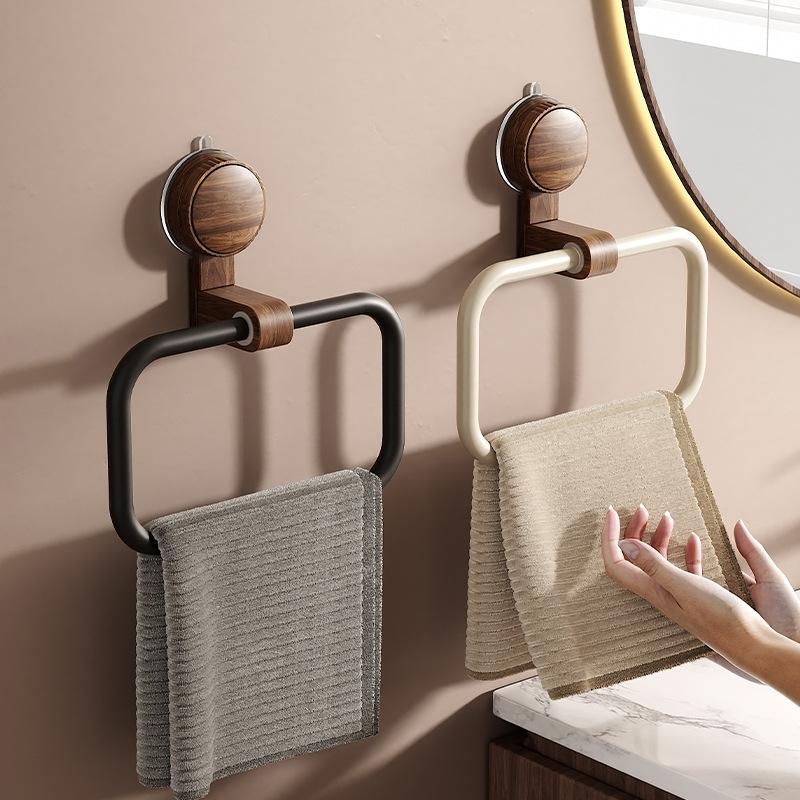 No Drill Suction Cup Bathroom Towel Rack - Vintage Walnut Finish Aluminum Round Ring Design, Space-Saving Adhesive Mount for Bathroom Organization