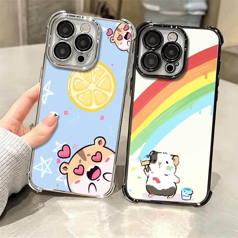 Cartoon Cute Hamster Plating Phone Case For Iphone 16 17 Pro Max Air 16E 14 15 Plus 12 13 Mini Anti-Fall Airabag Cover