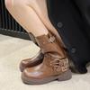 Women's Rivet Designer Thick-soled Short Leather Boots Low Heel Black Buckle New Style Punk Short Boots
