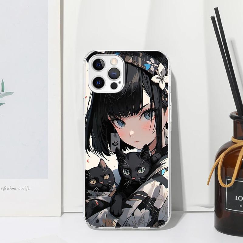 Anime Girls Cute Black Cat Phone Case For Iphone 17 Air 16 15 Plus 16E 14 Pro Max 13 Mini 12 11 7 8 SE Fundas Soft Back Cover 17