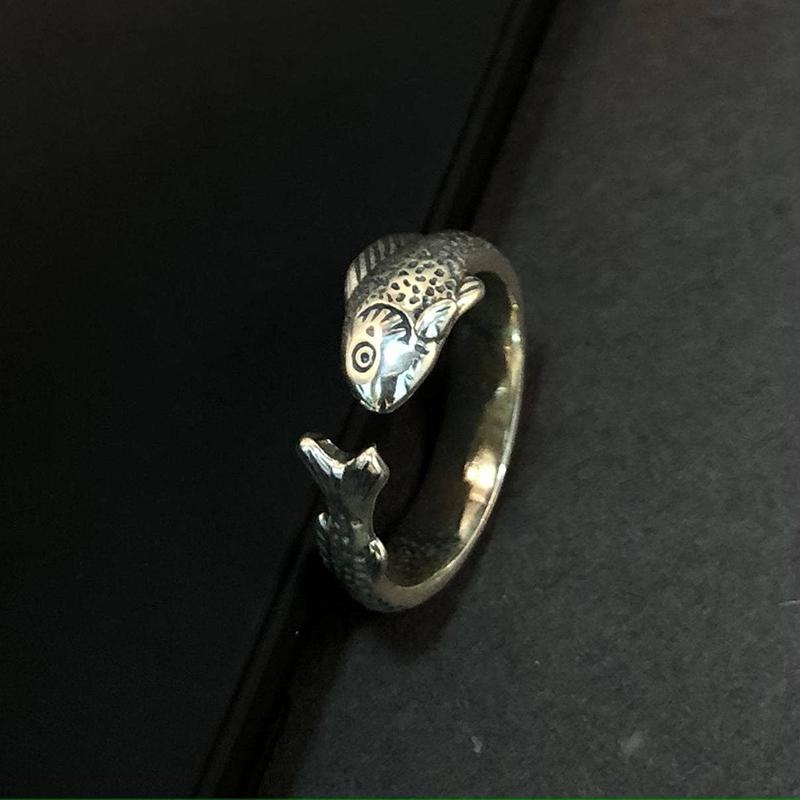 Niche Simple Fish Shaped Ring Distressed Gold Vintage Adjustable Ring Silver Alloy Retro Open Ring Unisex