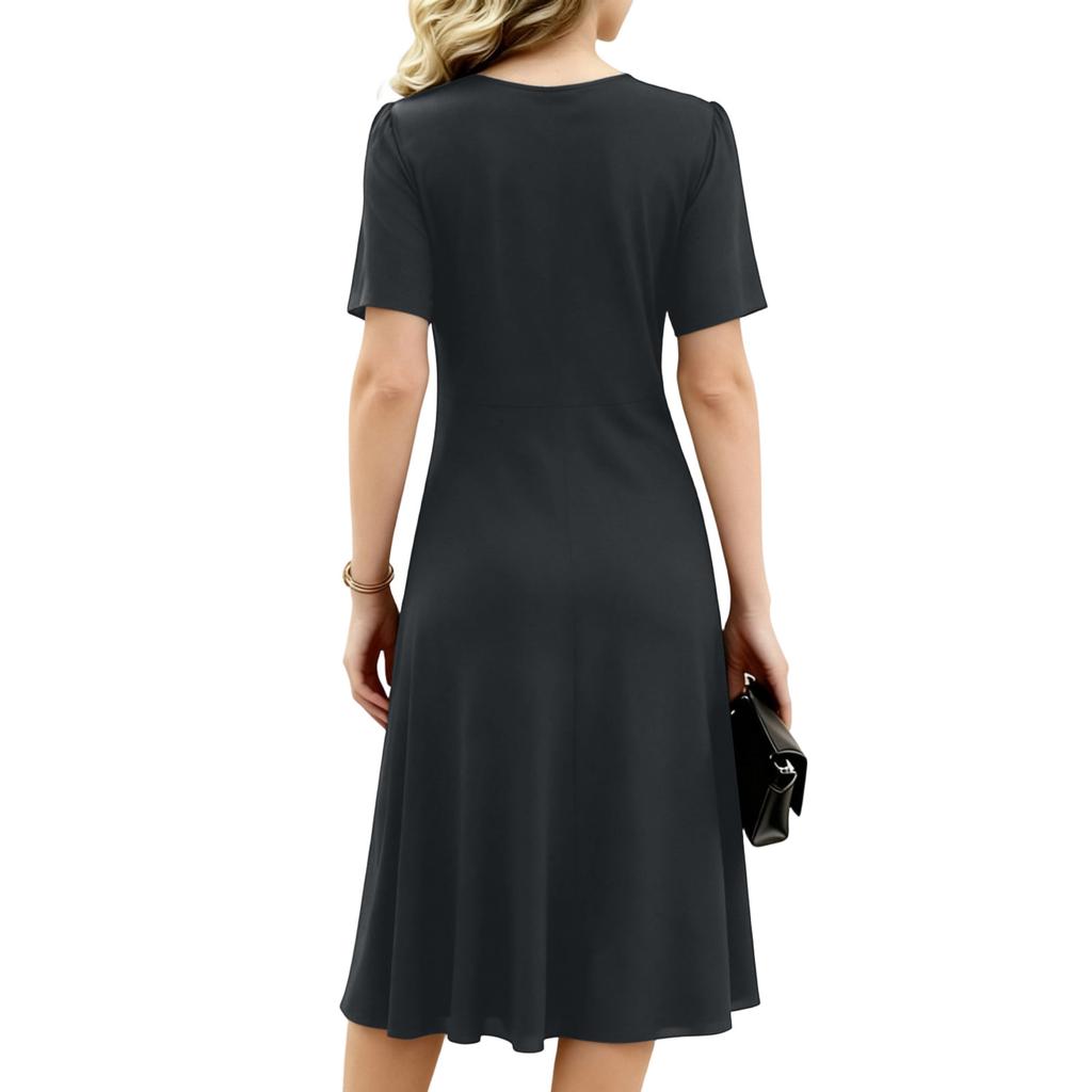 Fashionable Women's Loose V-neck Short Sleeved Dress, Mid Length Skirt