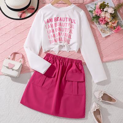 Herfstpakje voor Meisjes 2024 Kinderkleding Briefopdruk Lange Mouwen Tops en Rokken 2-delige Set Casual Kinderpak