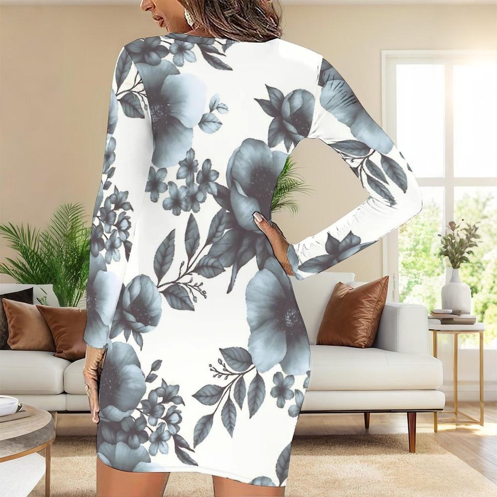 2025 Outono e Inverno Novo Estampa Floral 3D e Tingimento Moda Feminina Manga Longa Gola Redonda Vestido Envolvente de Quadril Dia dos Namorados Limitado
