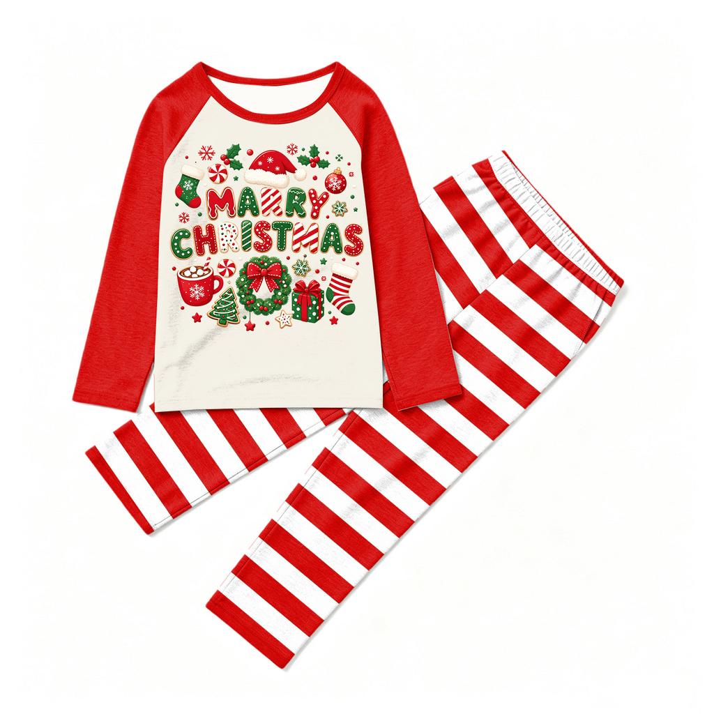 Family Matching Christmas Pajamas Set with Neck Long Sleeve Top and Pants