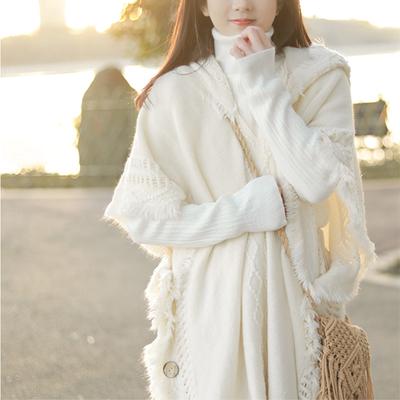 Dames Knopen Sjaal Boheemse Franje Trui Gebreide Pullover Capuchon Cape