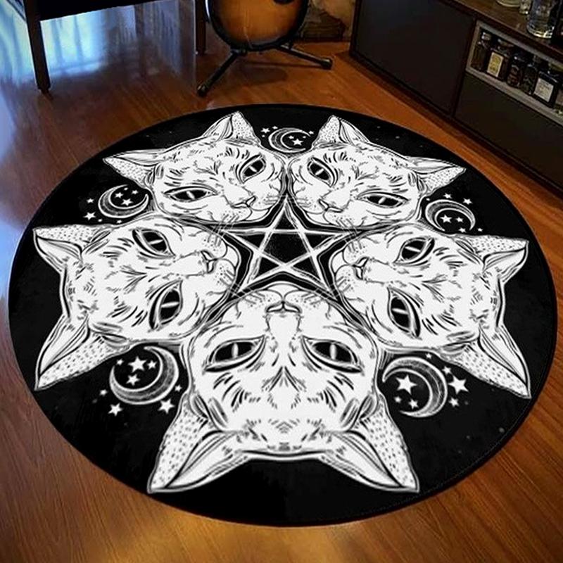 Cat Round Rug Satanic Cat Goat Impaled Throne Bedroom Area Atheist Household Bath Mat Black Carpet Living Room Home Decoration