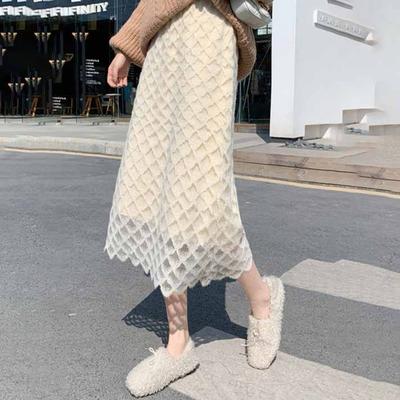 Bodycon Pencil Women's Autumn Winter Knitted Lace A-Line Midi Skirt High Waist Skirt