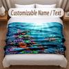 Fish Ocean Theme Soft Blanket Personalized Custom Name Text Print Warm Blanket Home Sofa Bedroom Decor