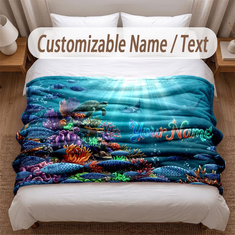 Fish Ocean Theme Soft Blanket Personalized Custom Name Text Print Warm Blanket Home Sofa Bedroom Decor