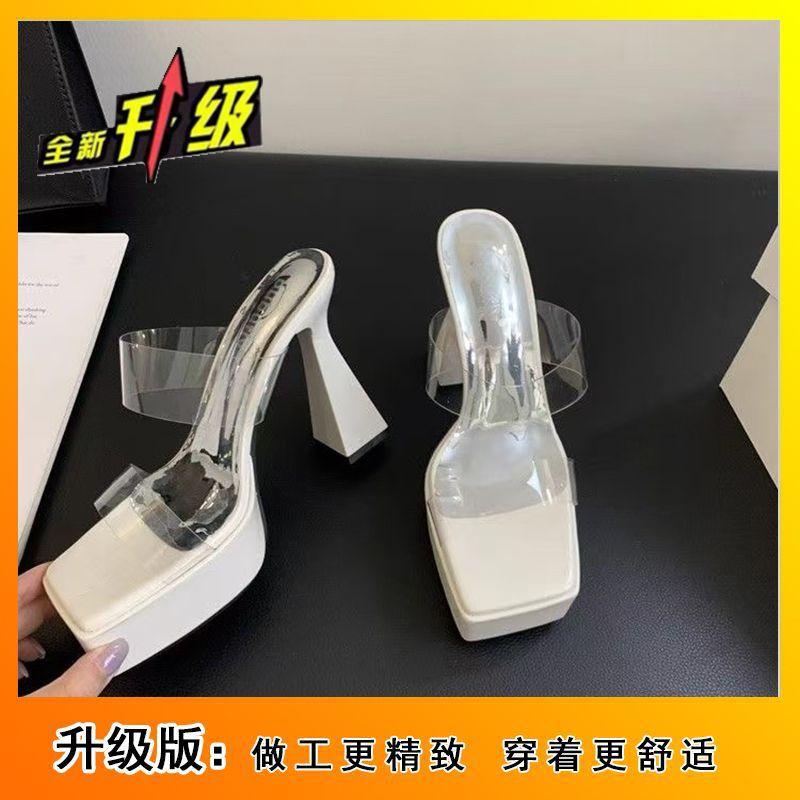 Thick Heel Waterproof Table, Small Man's Explosive Slippers, Women's Summer 2025 Square Head Transparent Thick Sole, Wearing High Heels