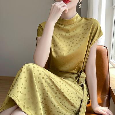 Abito Estivo da Donna a Maniche in Raso Acetico, Stile Dolce ed Elegante con Design a Pois, Lunghezza Media