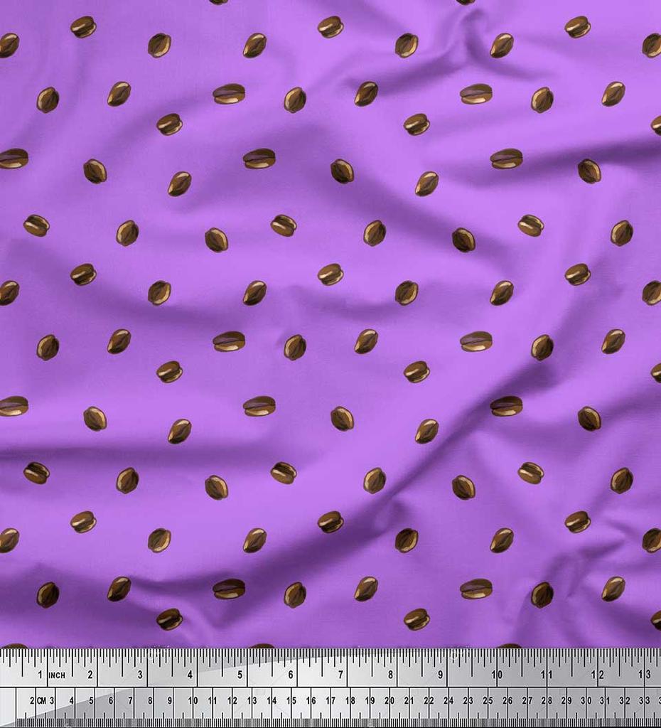 Soimoi Purple Japan Crepe Satin Fabric Coffee Beans Food Printed Fabric 1 Metre 42 Inch