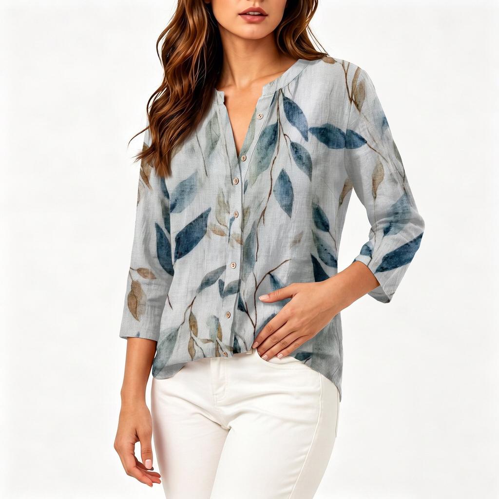 Blouse Vintage pour Femme à Imprimé Floral, Col Rond, Manches Trois-Quarts, Haut Décontracté en Coton et Lin