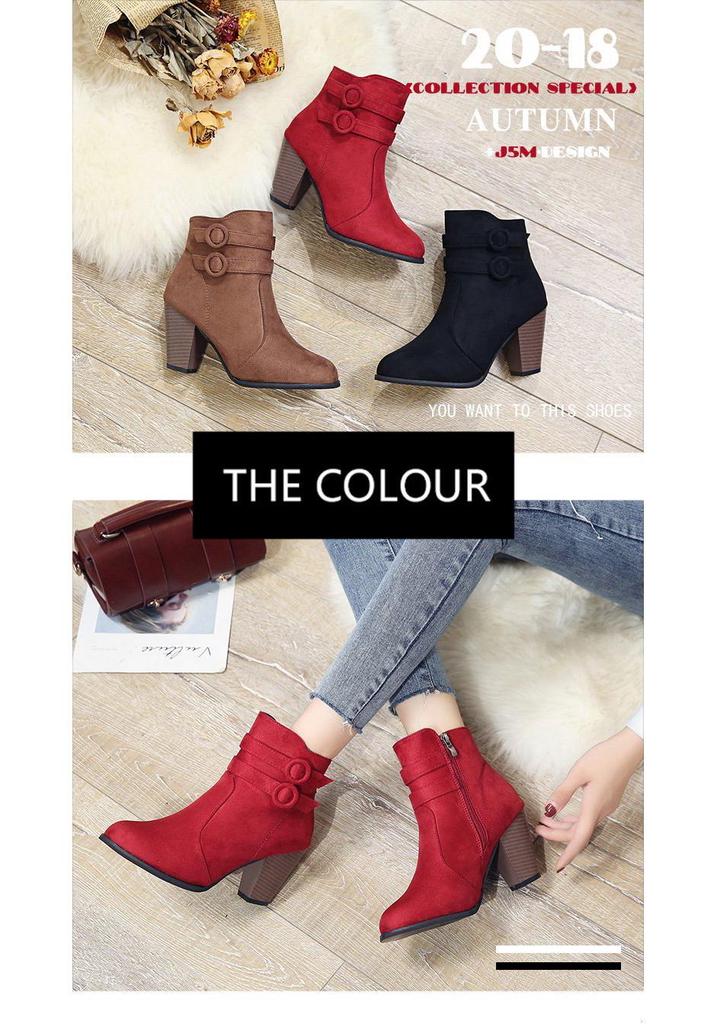 Stivaletti Corti in Pelle Scamosciata Europei e Americani con Tacco Chunky e Punta Acuta (Taglie 35-43)