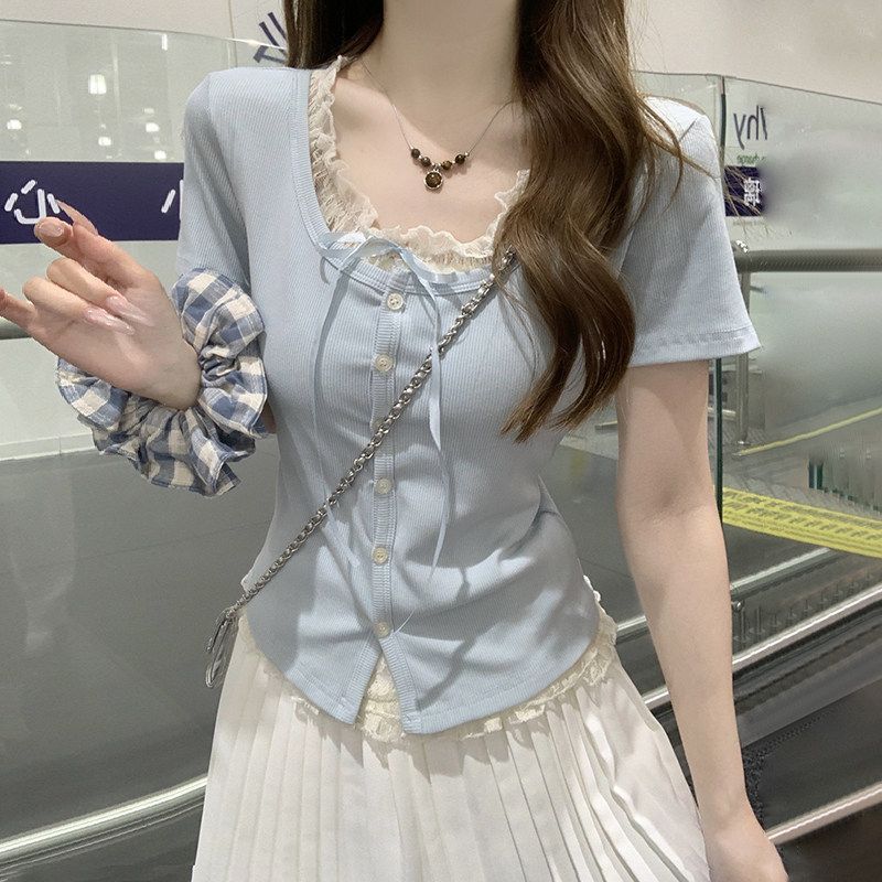 Korean Version of Pure Contrast Lace Edge Splicing Fake Two-piece Single-breasted Design Short-sleeved T-shirt Women's Summer Bottoming Top