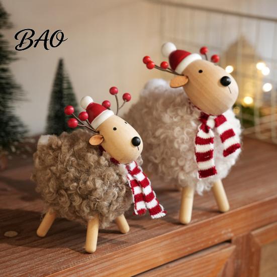 Cute Animal Table Decorations Wooden Christmas Sheep Figurine with Scarf Santa Hat, Plush Fleece Versatile Wood Art Pieces Lamb Tabletop Ornament,