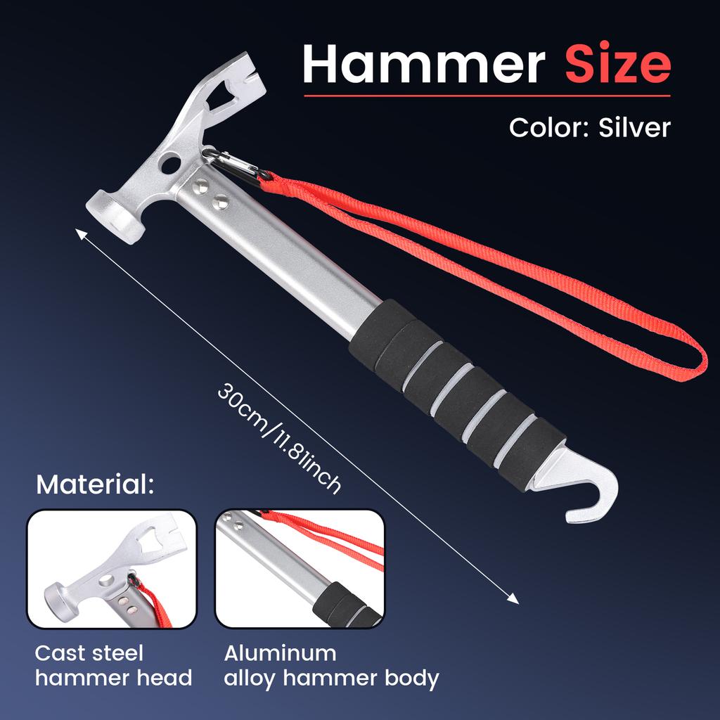 29/30cm Tent Hammer Aluminium Tent Canopy Stake Hammer Outdoor Multifunctional Camping Mallet with Hook Field Survival Equipment