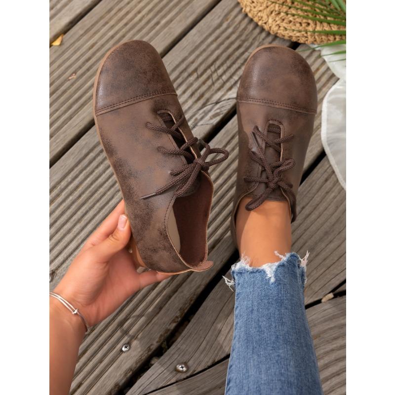 Damen Retro Flache Schnürschuhe Damen Frühling und Sommer Neu Bequeme Flache Runde Zehenpartie Freizeitschuhe