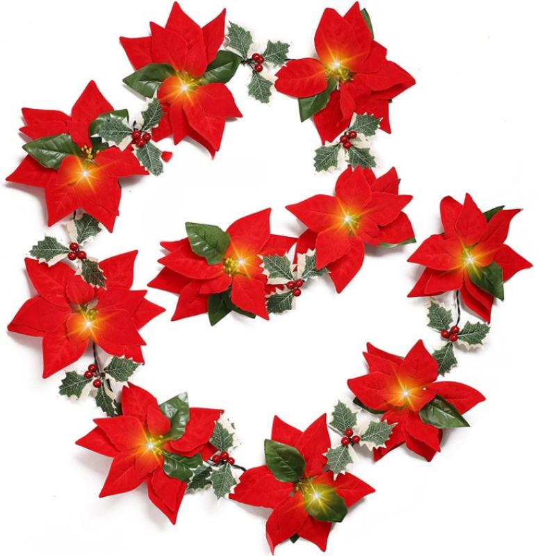 LED Christmas Garland with Lights Artificial Holly Berry Leaf Vine for Xmas Tree Fireplace Mantel Stairway and Holiday Home Decor