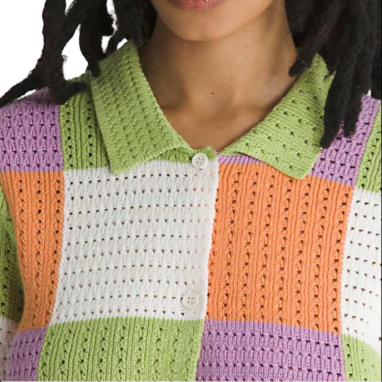 Vans Color-Block Plaid Button-Up Short Sleeve Sweater Women Tops Green VN000G3QCR0
