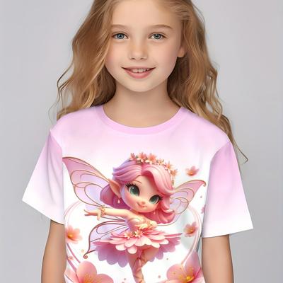 Kinderkleidung Mädchen Bezaubernder 3D-Feen-Druck Kurzarm-T-Shirt Tops Bequemer Rundhalsausschnitt Casual Tees Kinderkleidung für Mädchen