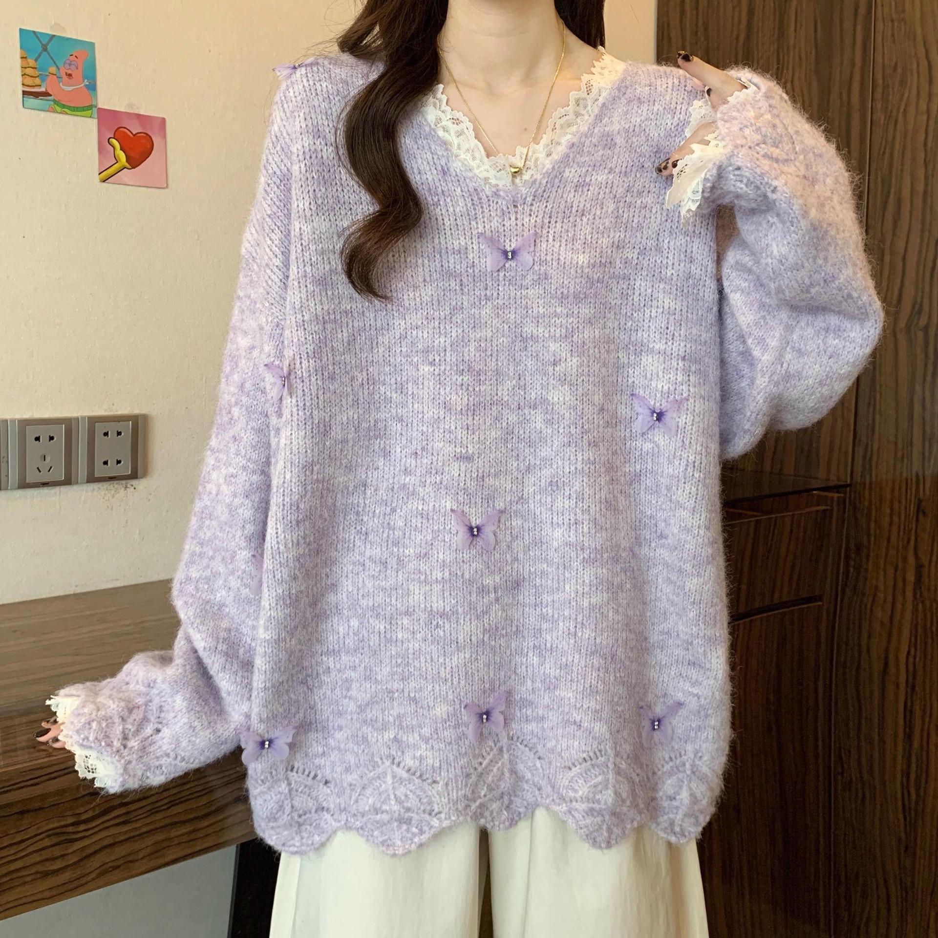 

Plus Size Women s 3D Patchwork Lace Butterfly Sweater - Cozy, Loose Fit for Autumn and Winter XL 65-72 kg фіолетовий