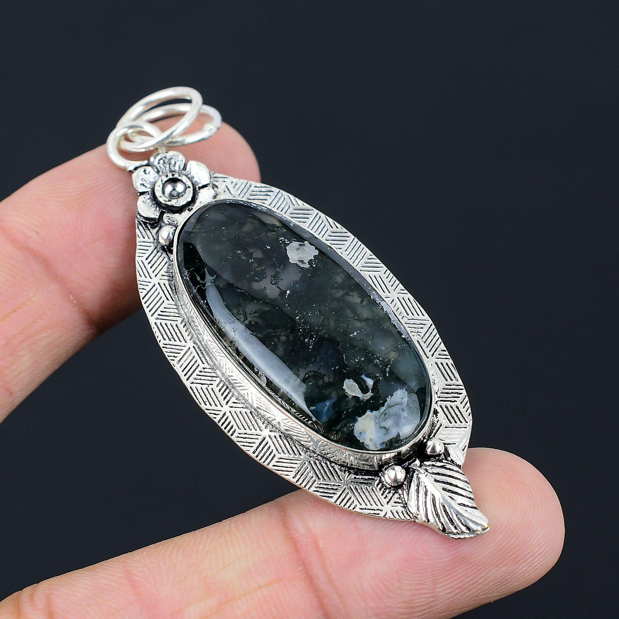 Natural Solar Moss Agate Handmade Trendy Sister Pendant Jewelry Sterling Silver