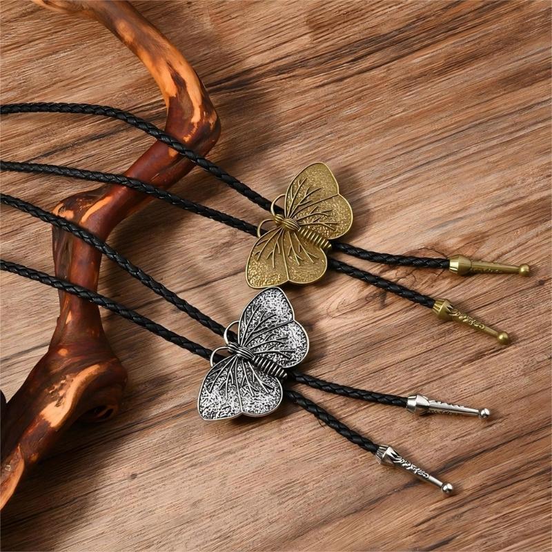 Bolo Tie Cowboy Costume Accessory for Men and Women Adjustable Length Vintage Metal Butterfly Pendant Necktie Necklace