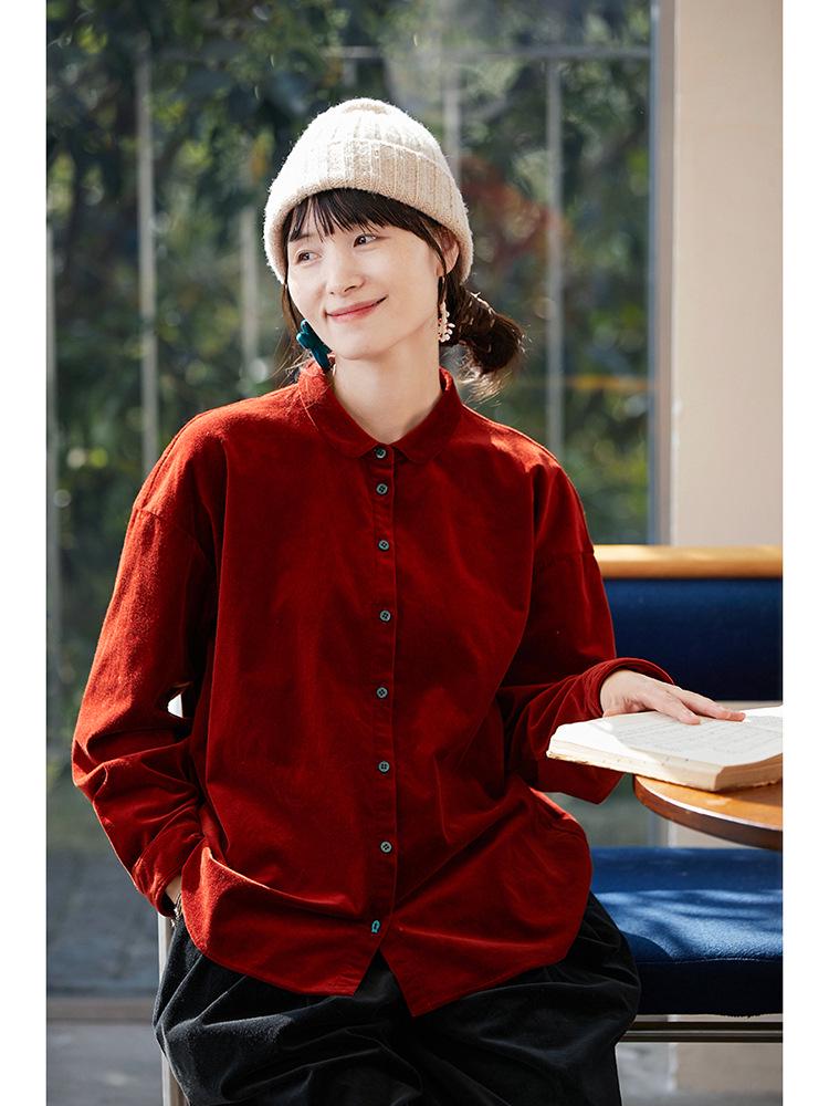 Women s Retro Red Cotton-Blend Casual Shirt Medium