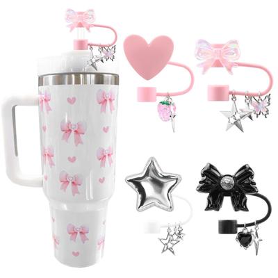 Stanley Cup Heart Silicone Straw Cap with Glitter Star and Bow Design