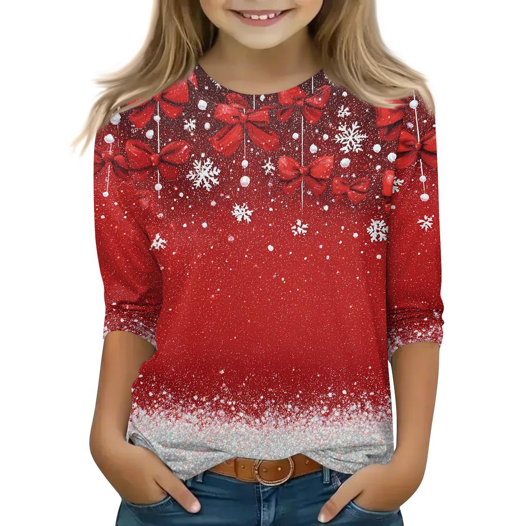 Christmas Day Print Tops For Youth Girls 4-11 Years Round Neck 3/4 Sleeves T-Shirts Trendy Tops Outfit Tees