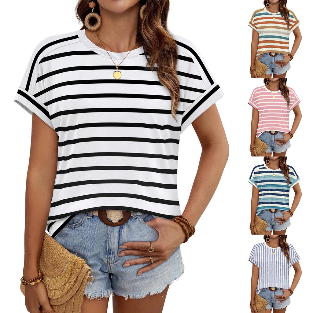 Women's Casual Short Sleeve Striped T Shirt Crew Neck Loose Fit Lightweight Summer Top for Everyday Wear