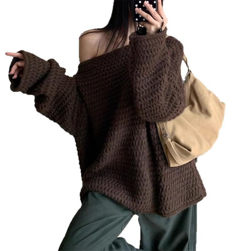 Long Sleeve Coarse Needle Sweater for Women Loose Medium Length Solid Color Knitted Sweater