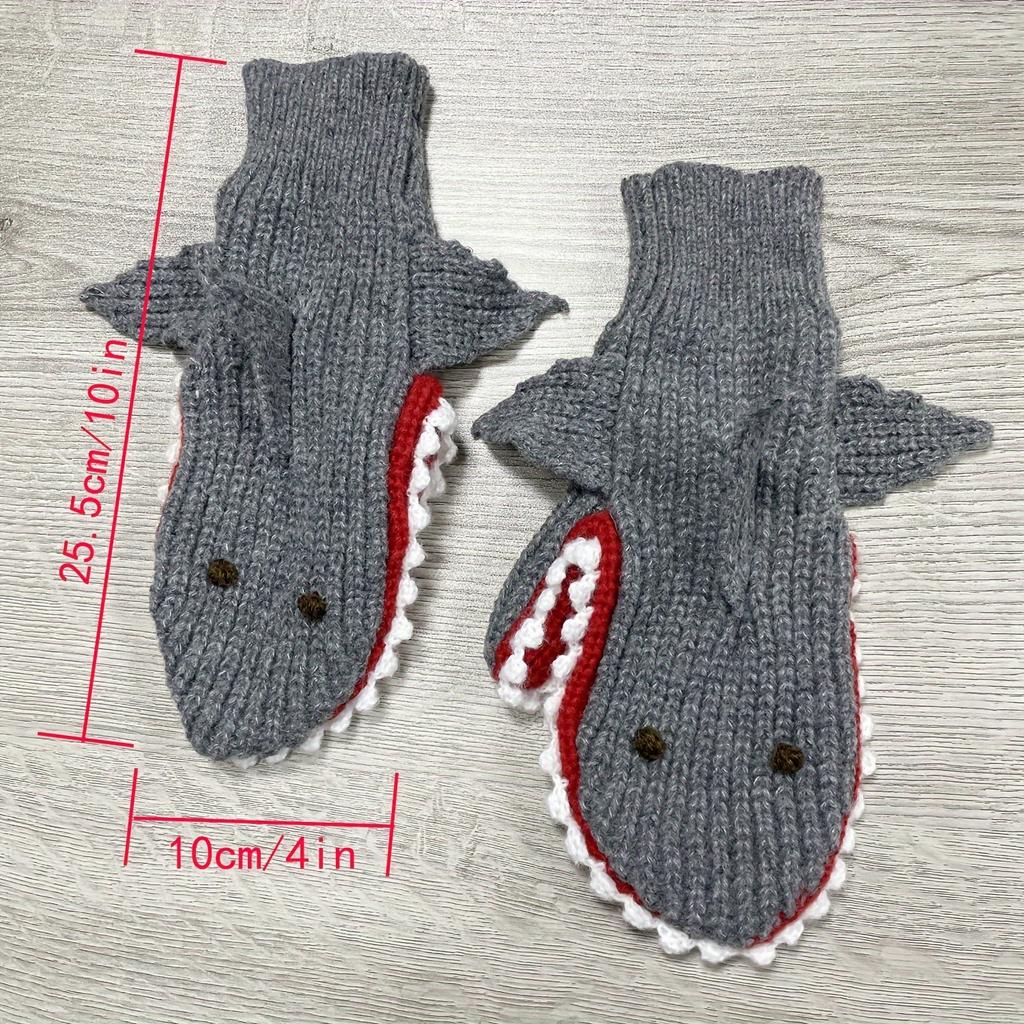 Grey Shark Knit Gloves Coldproof Elastic Mittens Cute Cartoon Animal Warm Gloves For Women Men Autumn & Winter