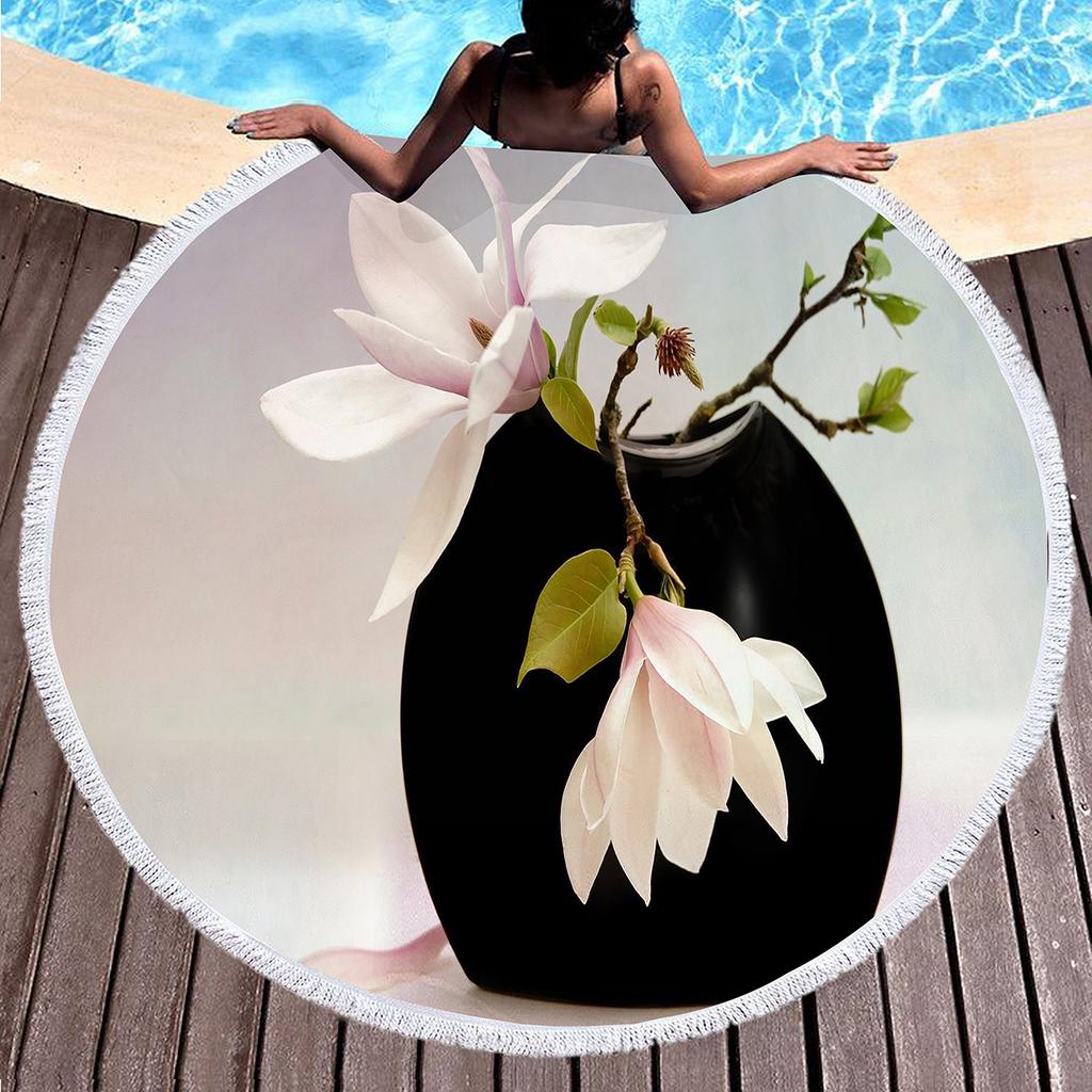 Fragrant Magnolia Flower Round Beach Towel,Soft Polyester Sand Resistant Beach Blanket,Absorbent Quick Dry Pool Towel Picnic Mat