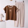 Women's 2 Piece Outfit Floral Embroidery Contrast Collar Short Sleeve Top + Elastic Waist Casual Pants Set