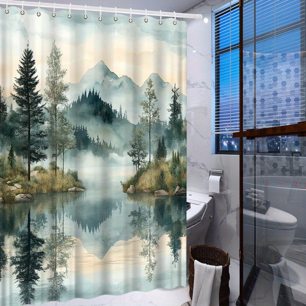 Soft Pastel Polyester Shower Curtain | Tranquil Lakeside Scene, Watercolor Landscape with Misty Mountains and Evergreen Trees 90X180CM