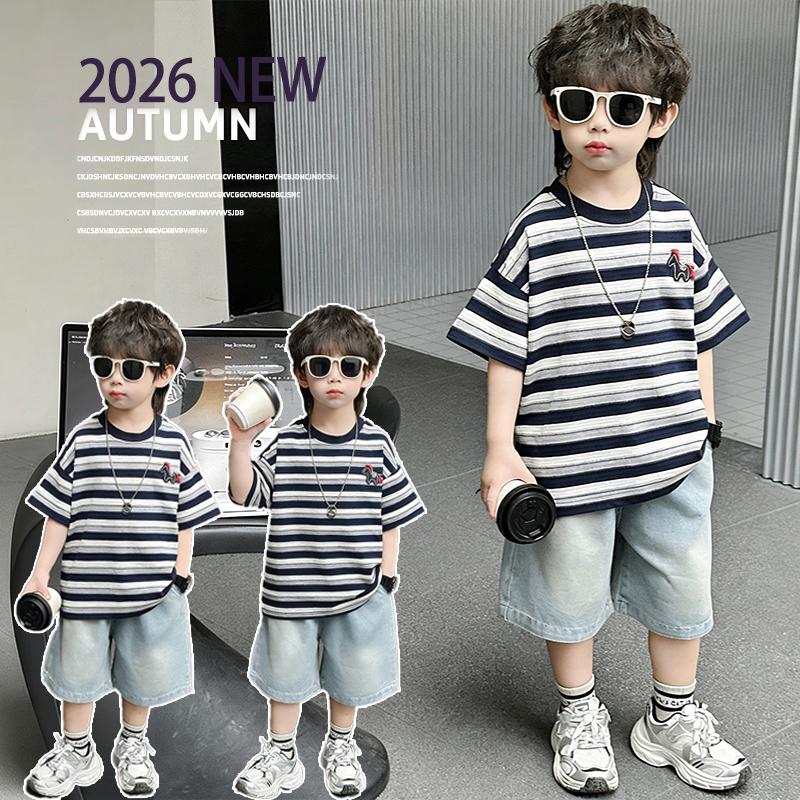 Boys' Summer Striped Short Sleeved Denim Shorts Two-piece Set, Children's Handsome and Versatile Casual Set, Thin